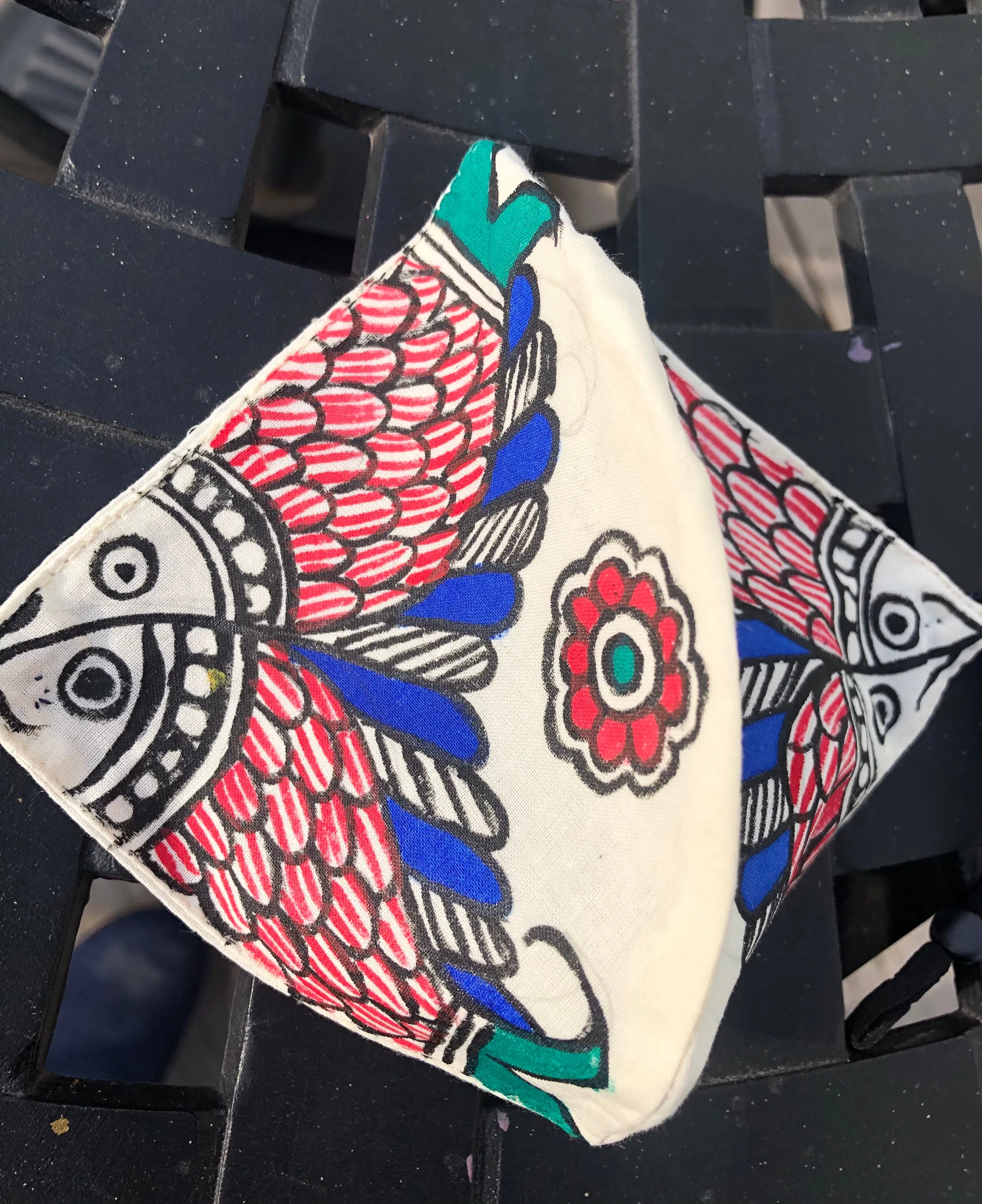 CTwo Ply Organic Cotton Fashion Mask with Hand-Painted Madhubani motives, Washable and Reusable Face Mask